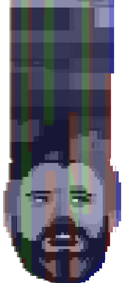 A distorted portrait of Ian Callahan rendered in blocky pixels